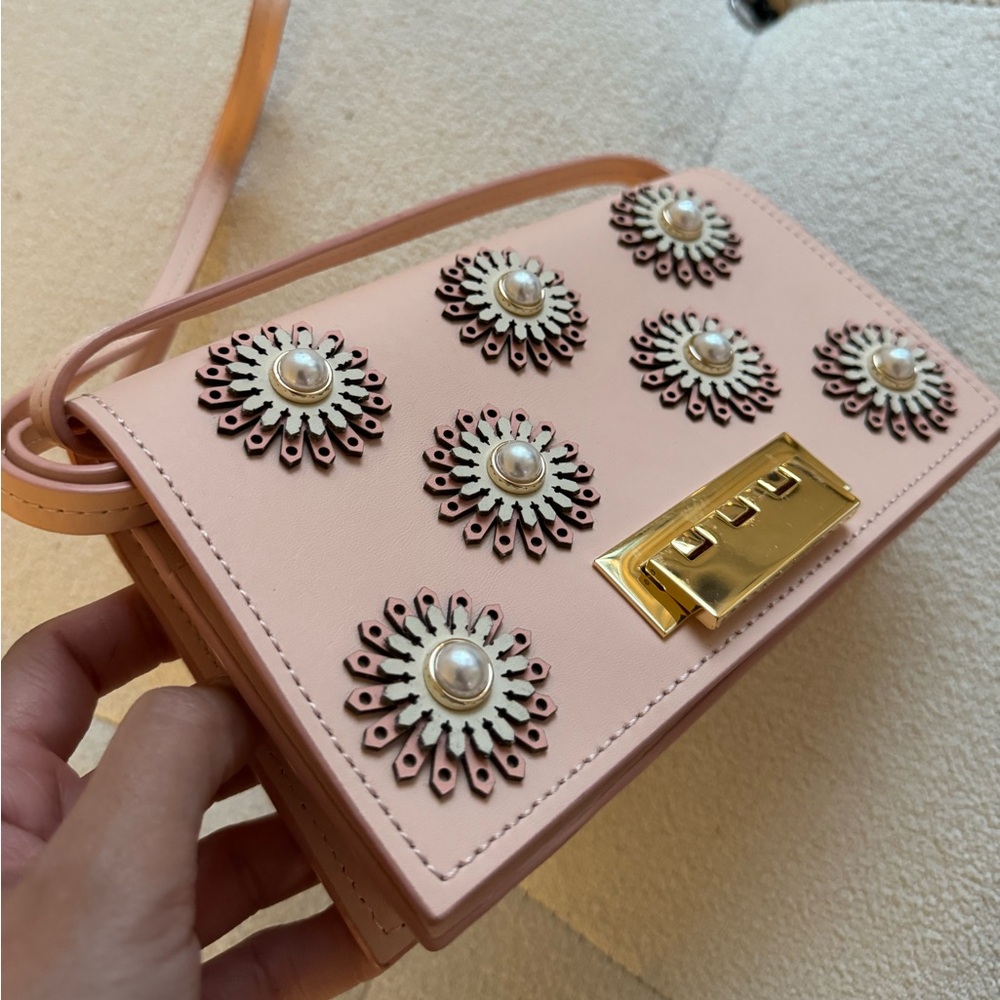 Zac Posen Earthette Pearl Floral Appliqué Crossbody Flower Bag